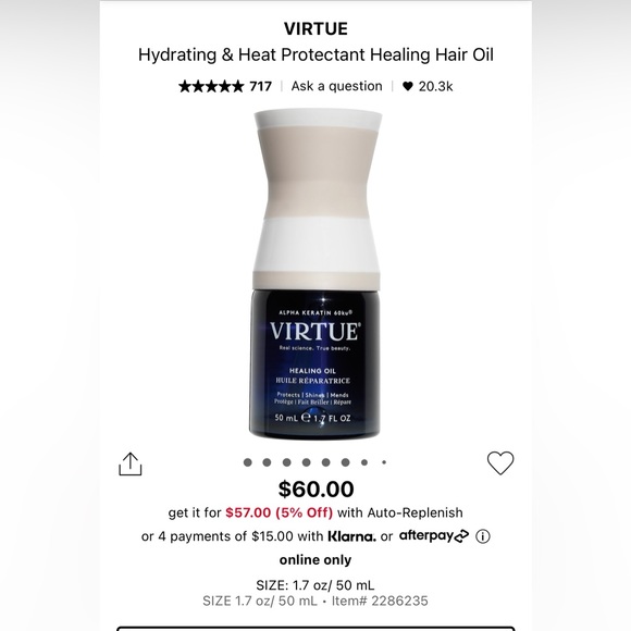 Virtue Hydrating and Heat Protectant Healing Hair Oil 18ml - Picture 2 of 2